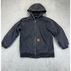 Carhartt Black Canvas Duck Hooded Jacket Fleece Quilt Lined Faded Youth L 14/16